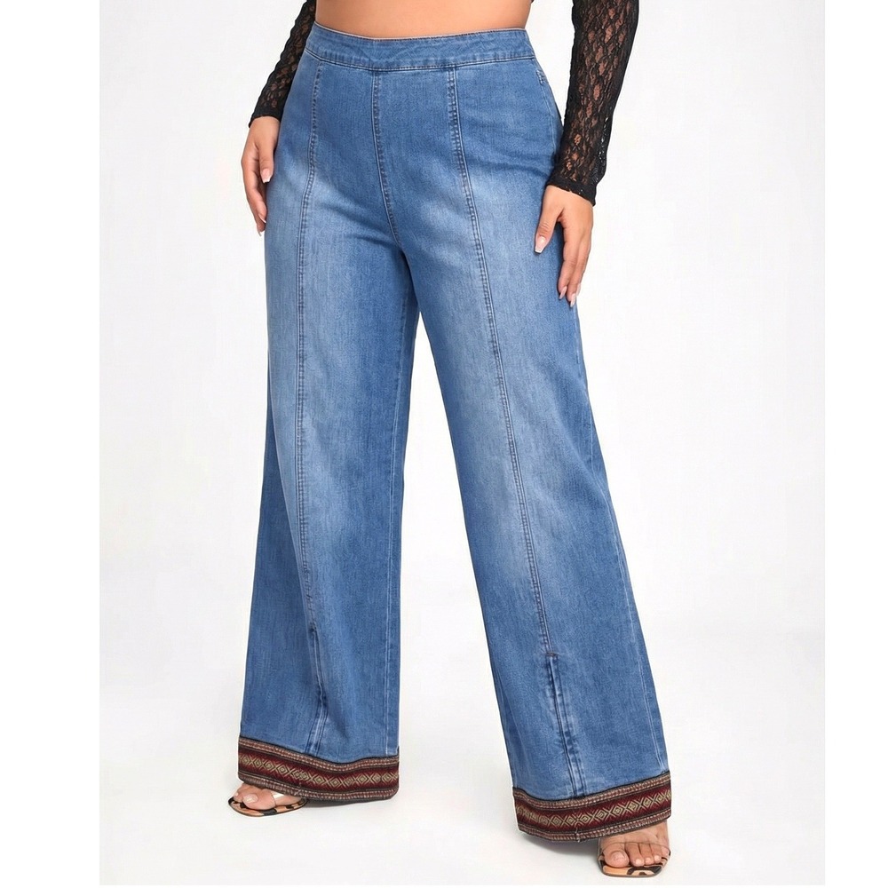 Vintage Carolina Blues Jeans Women 22W Blue Wide Leg Embroidered Trim‎ Boho Y2K